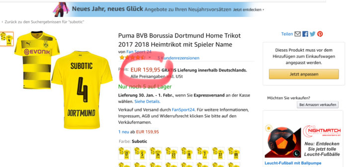 Beim Online-Kaufhaus Amazon sind Trikots von Neven Subotic für 159,95 Euro zu haben.